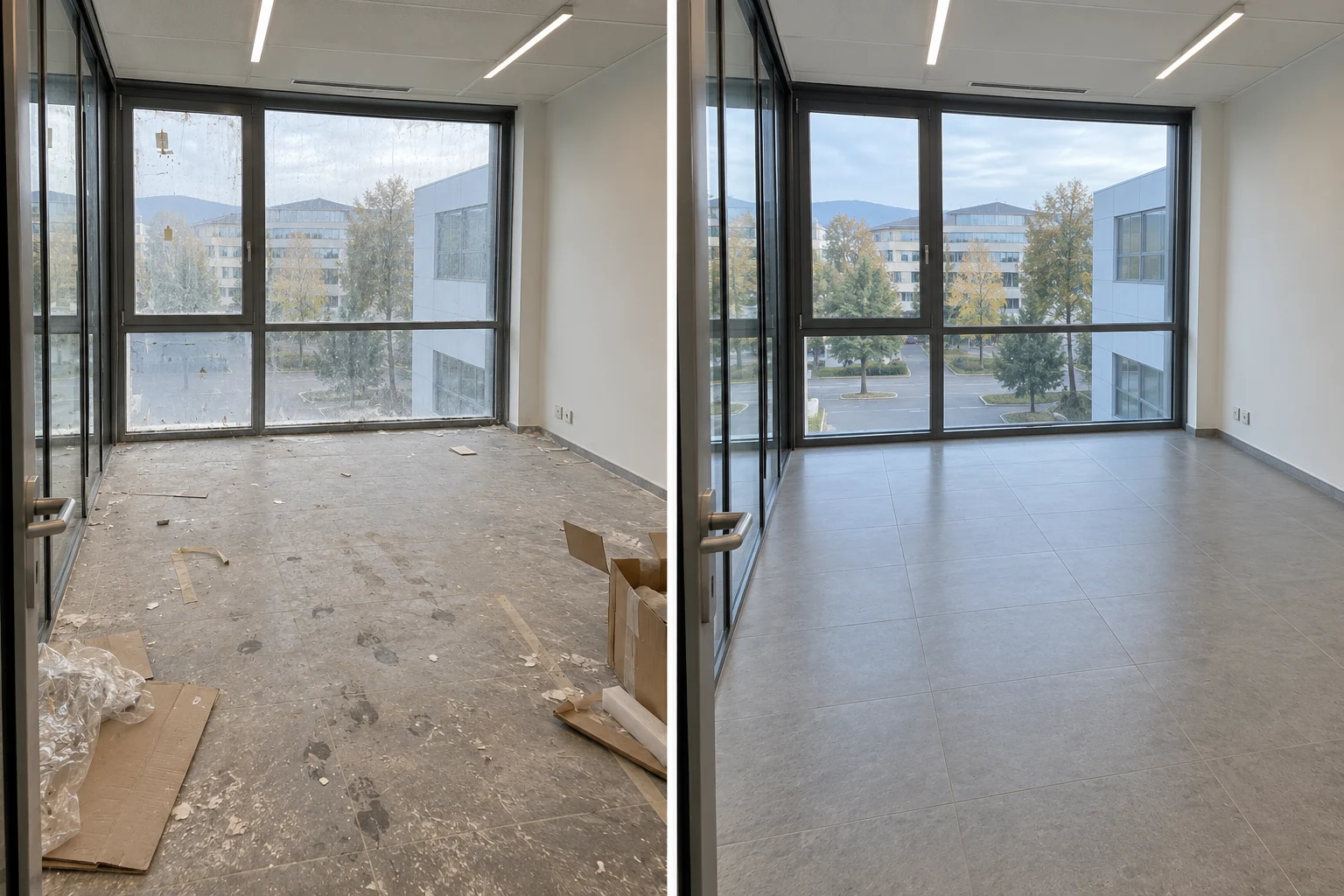 Bureau avant et après nettoyage de fin de chantier