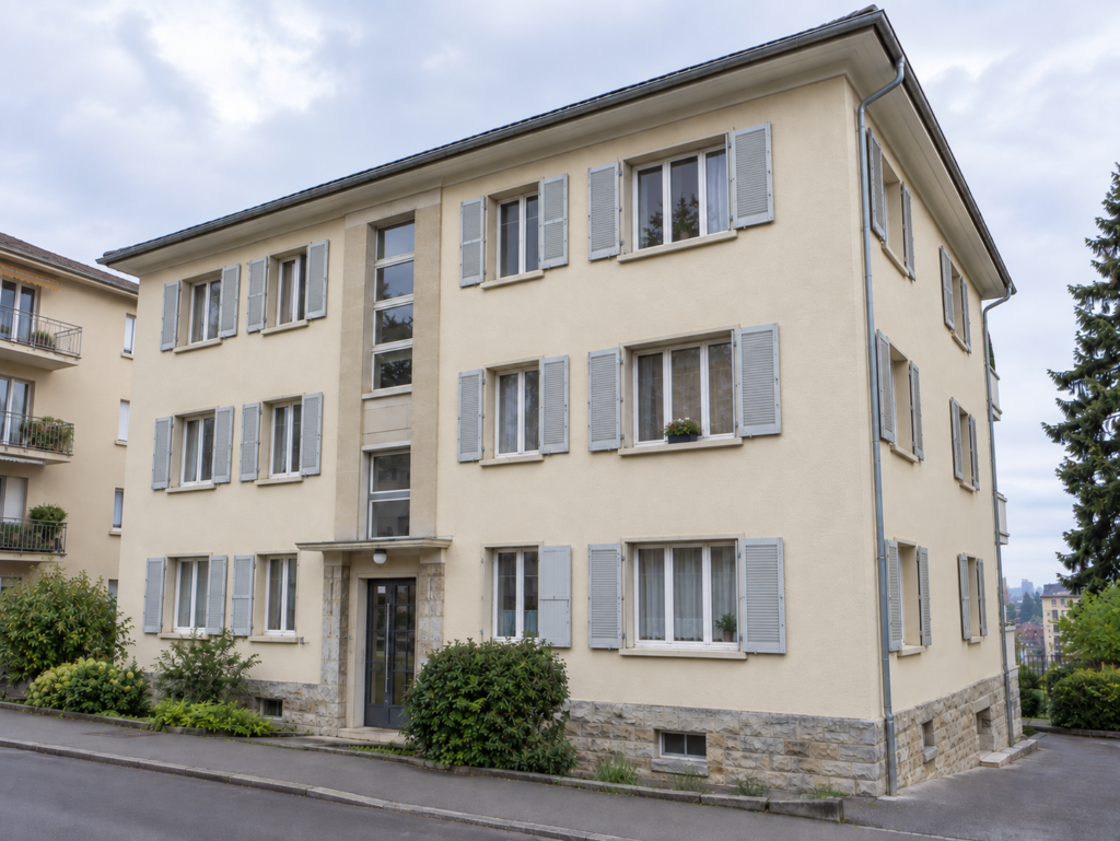 Façade d’immeuble avec volets gris